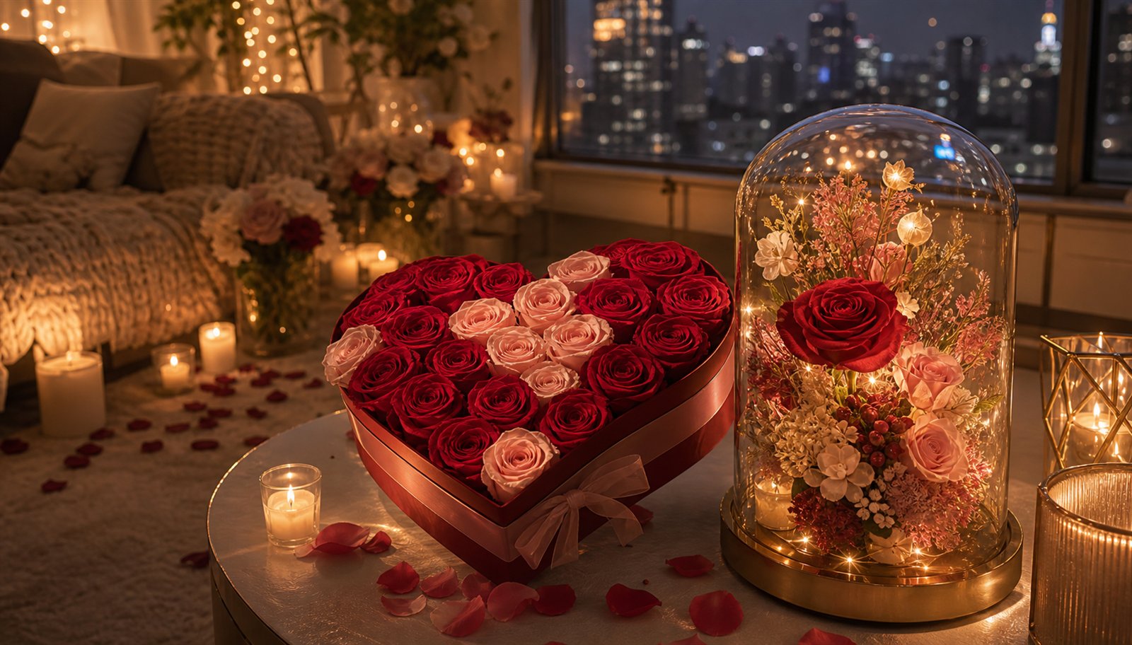 Romantic preserved flower proposal decor with heart-shaped roses and glowing glass dome