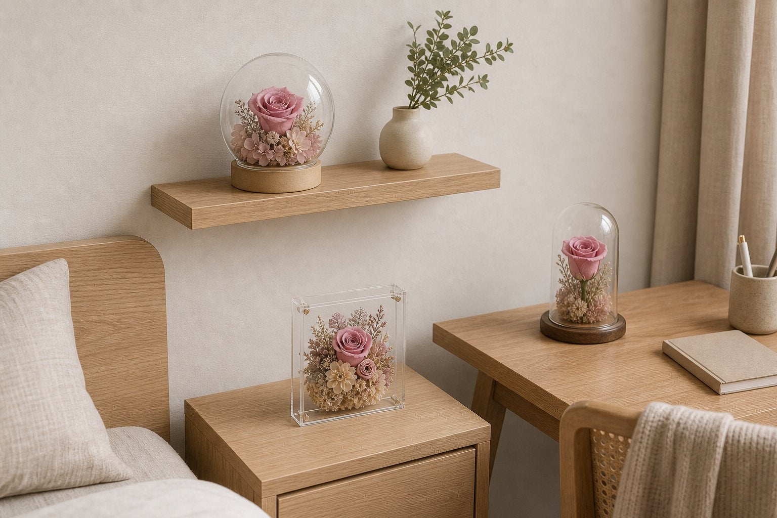 Preserved flowers for small spaces displayed on a desk, shelf, and bedside table in soft indirect light