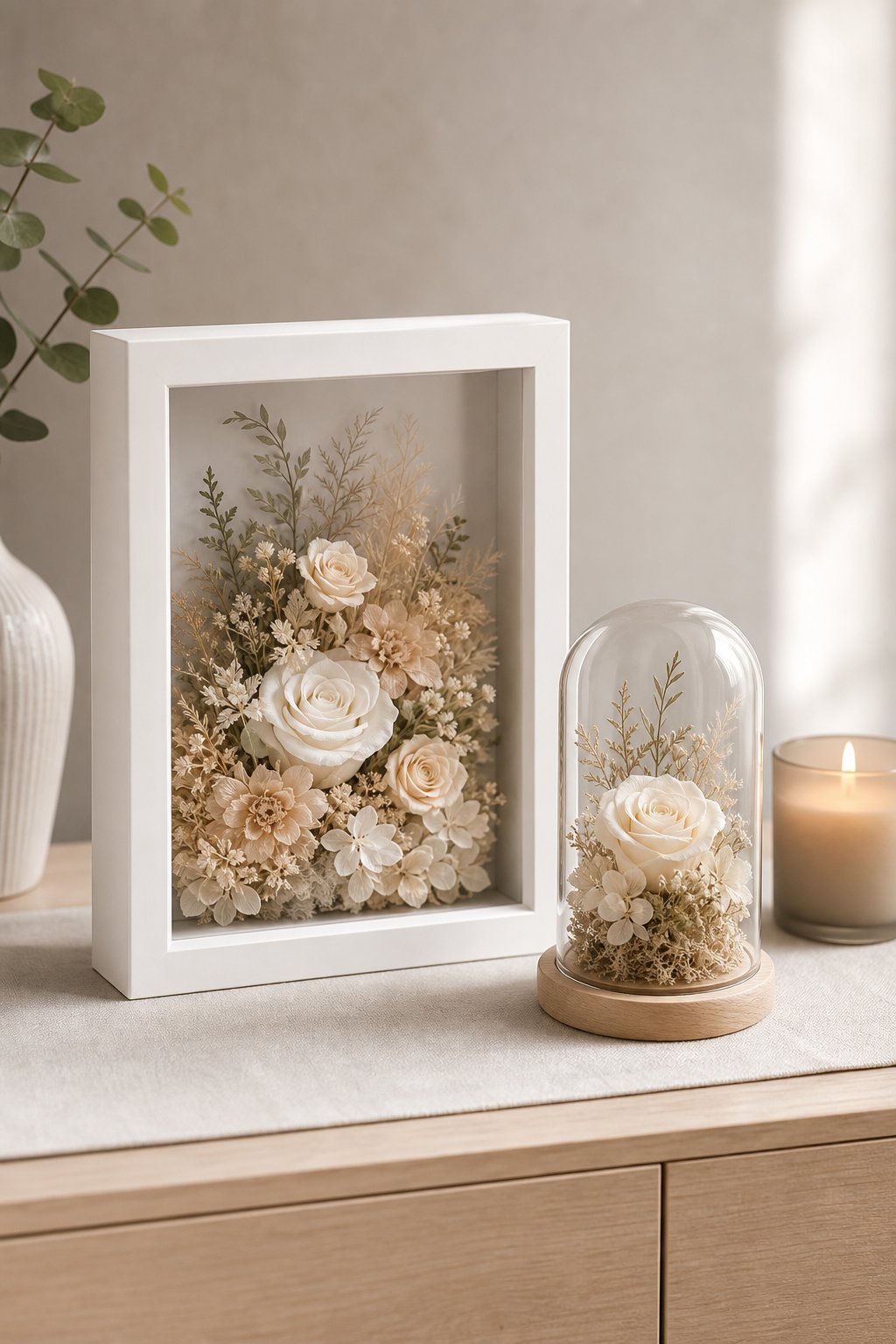 Quiet preserved flower sympathy gift styled in soft neutral tones