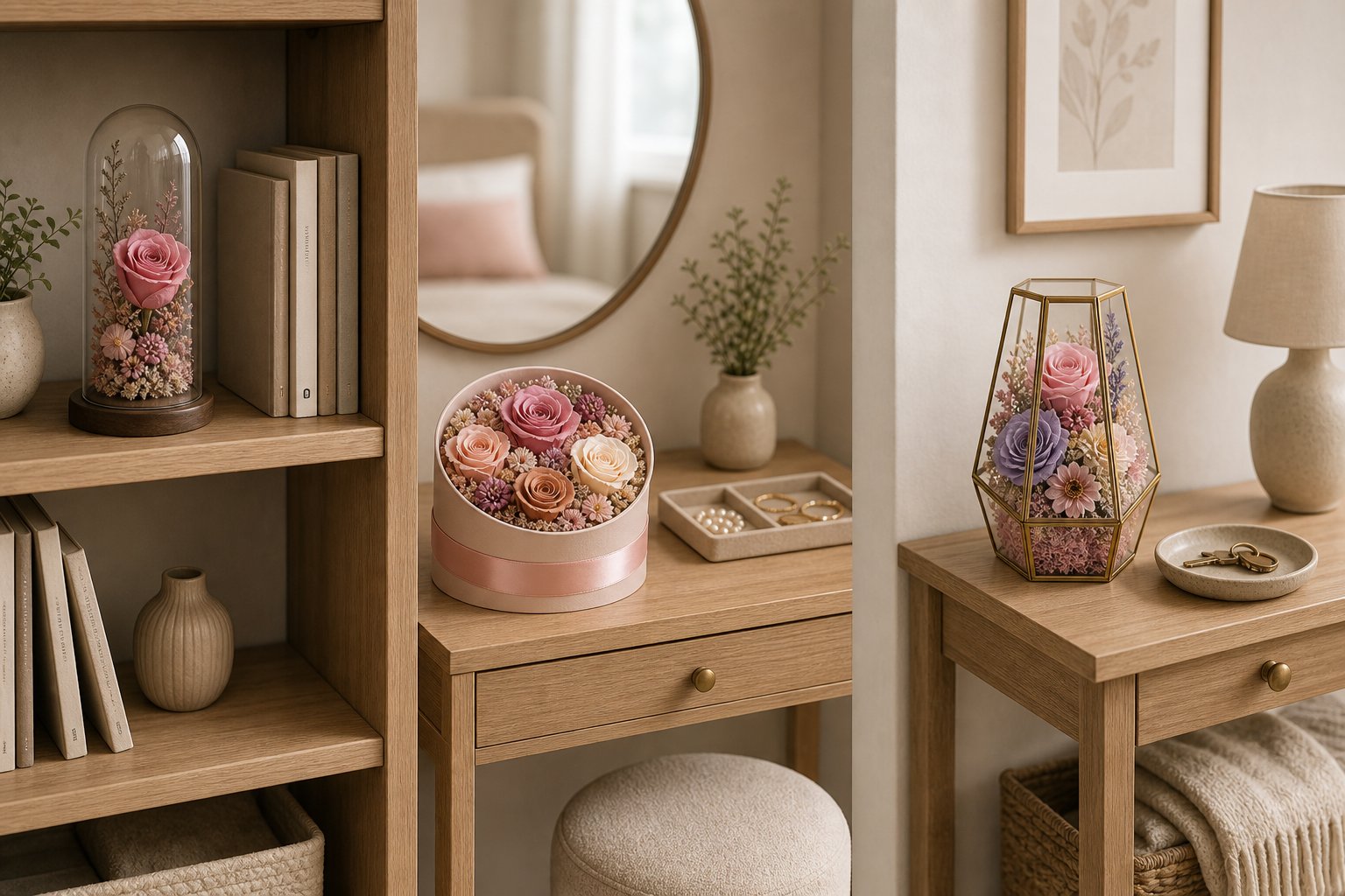 Preserved flowers styled on shelves, a vanity table, and an entryway console in soft indirect light