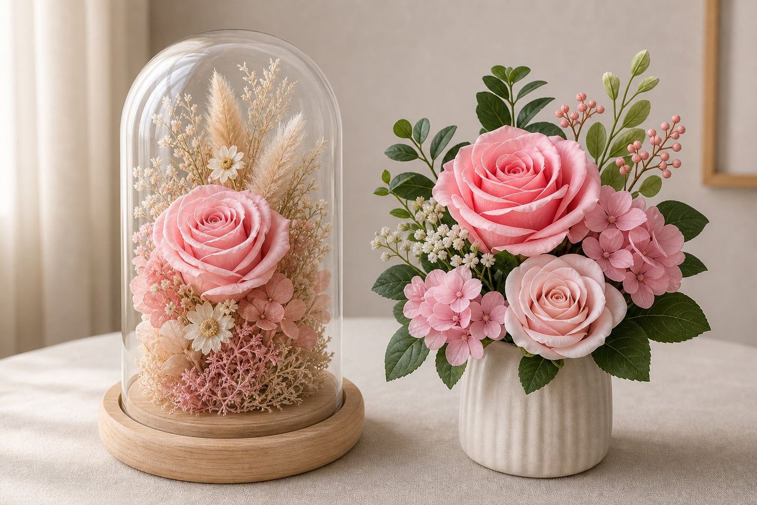 Side-by-side comparison of preserved flowers and artificial flowers in neutral daylight