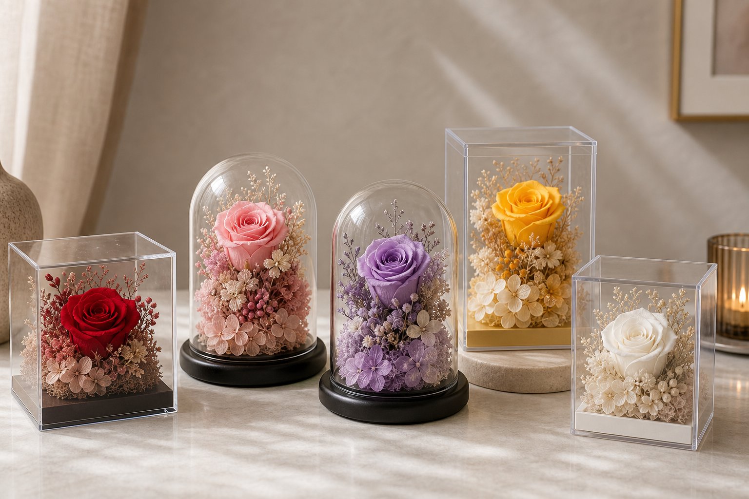 Preserved roses in red pink purple yellow and white arranged in elegant gift displays