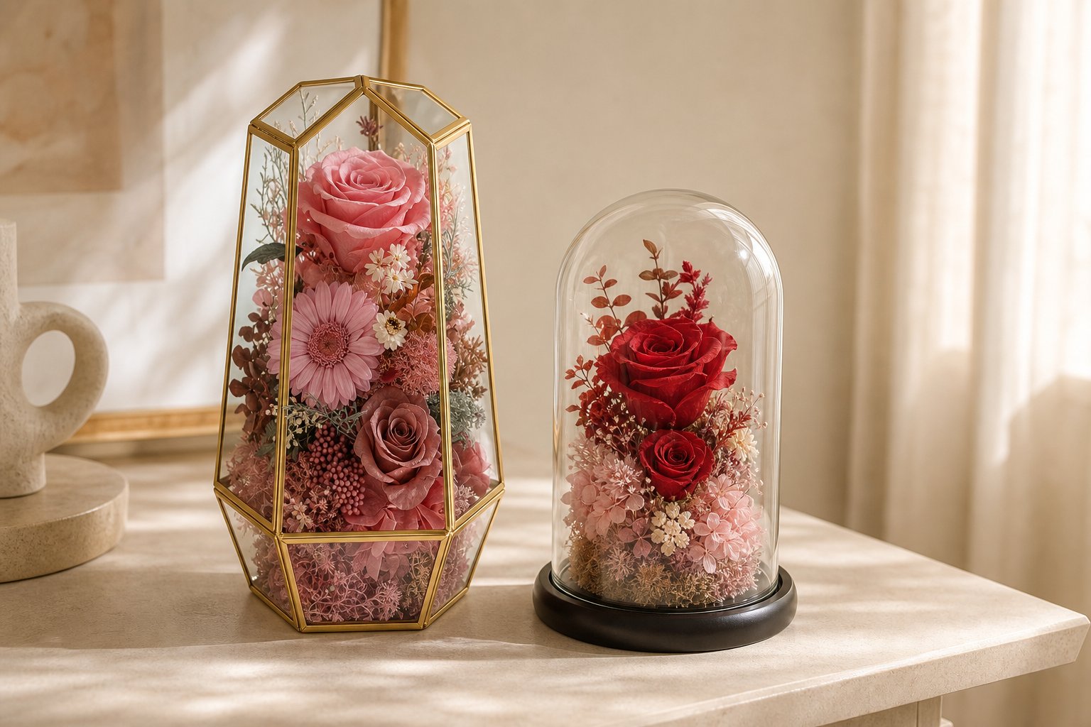 Preserved rose in glass dome styled in a warm interior with soft blush and red floral tones