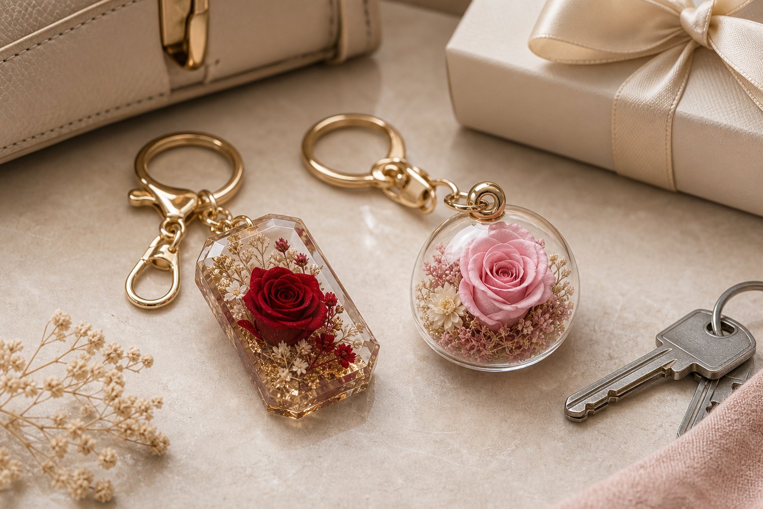Preserved rose keychains styled as small personal gifts on a neutral tabletop