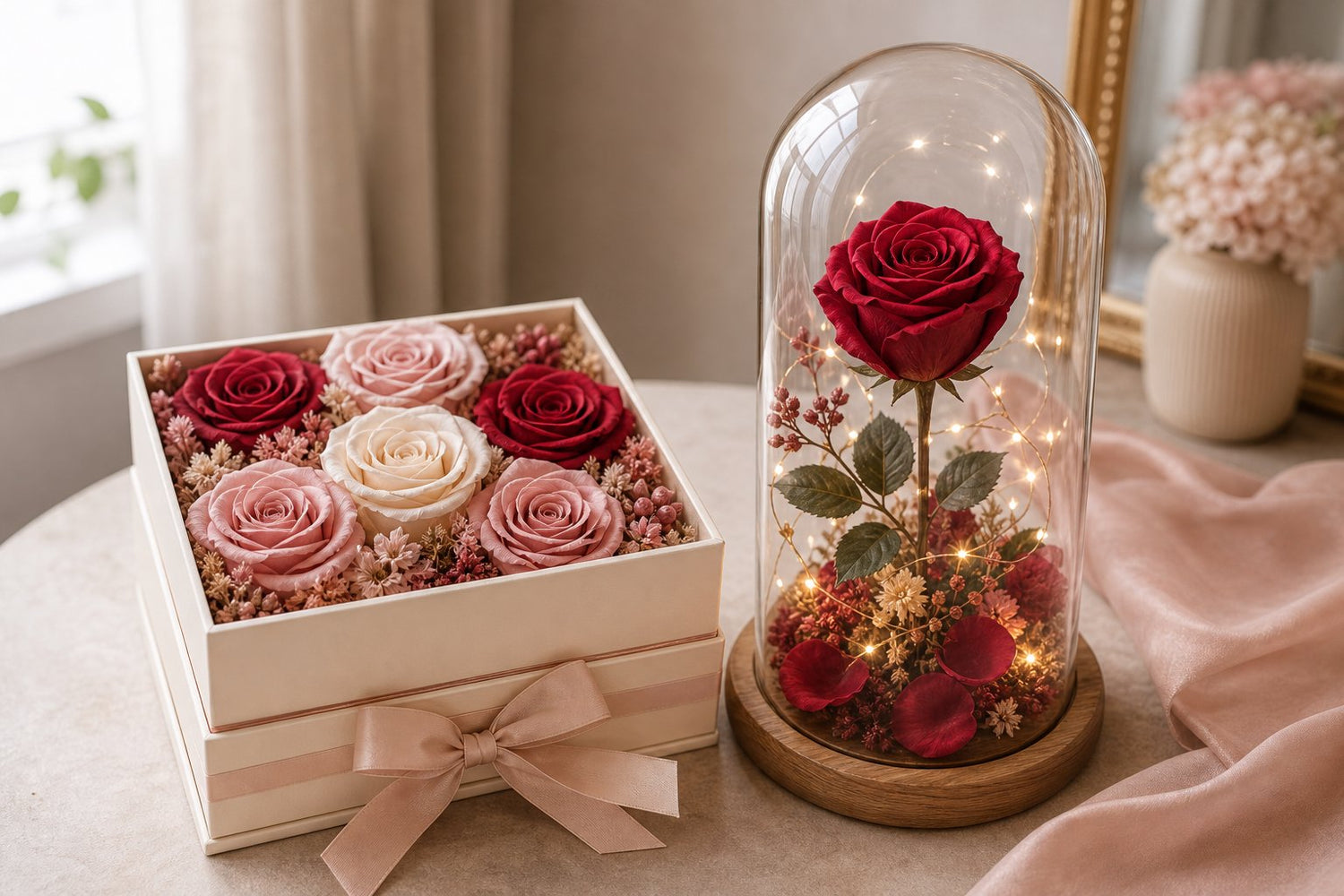 Preserved roses box beside a fairytale-inspired single rose in glass dome
