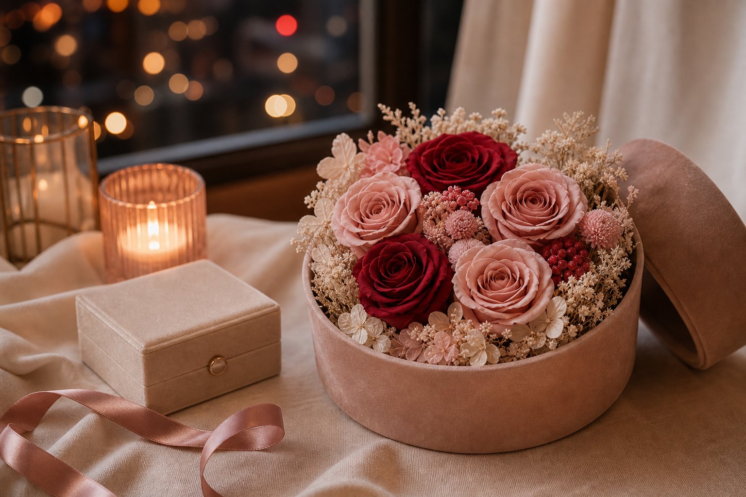 Romantic preserved rose gifts for Valentine's Day arranged in a warm evening setting