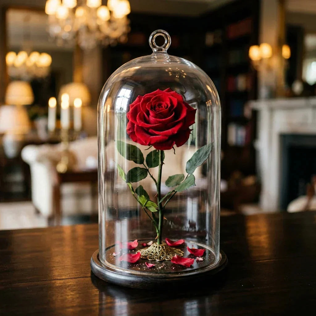 Enchanted preserved rose glass dome symbol of eternal love