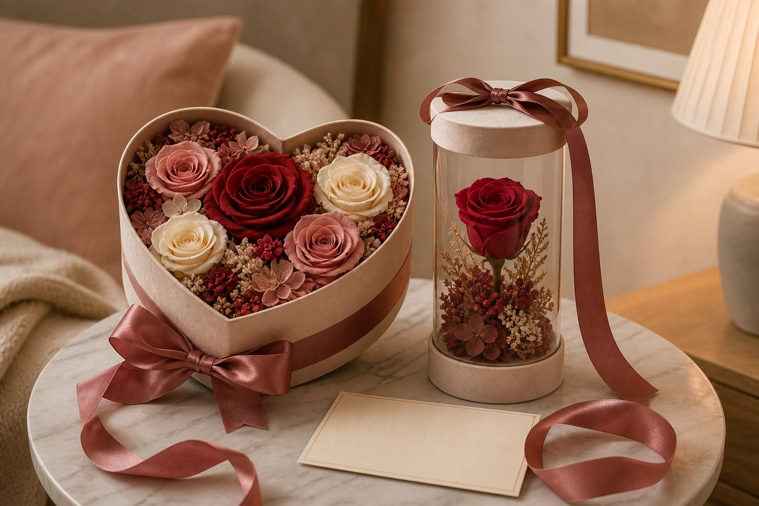 Valentine's Day preserved rose gift ideas with romantic rose keepsakes in warm evening light