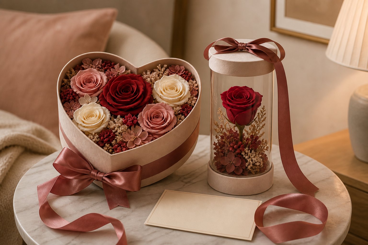 Valentine's Day preserved rose gift ideas with romantic rose keepsakes in warm evening light