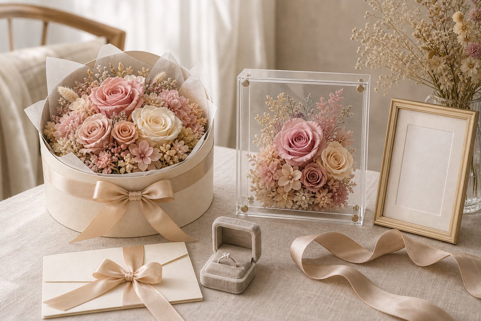 Wedding keepsake ideas with preserved flowers displayed beside wedding rings and soft neutral decor
