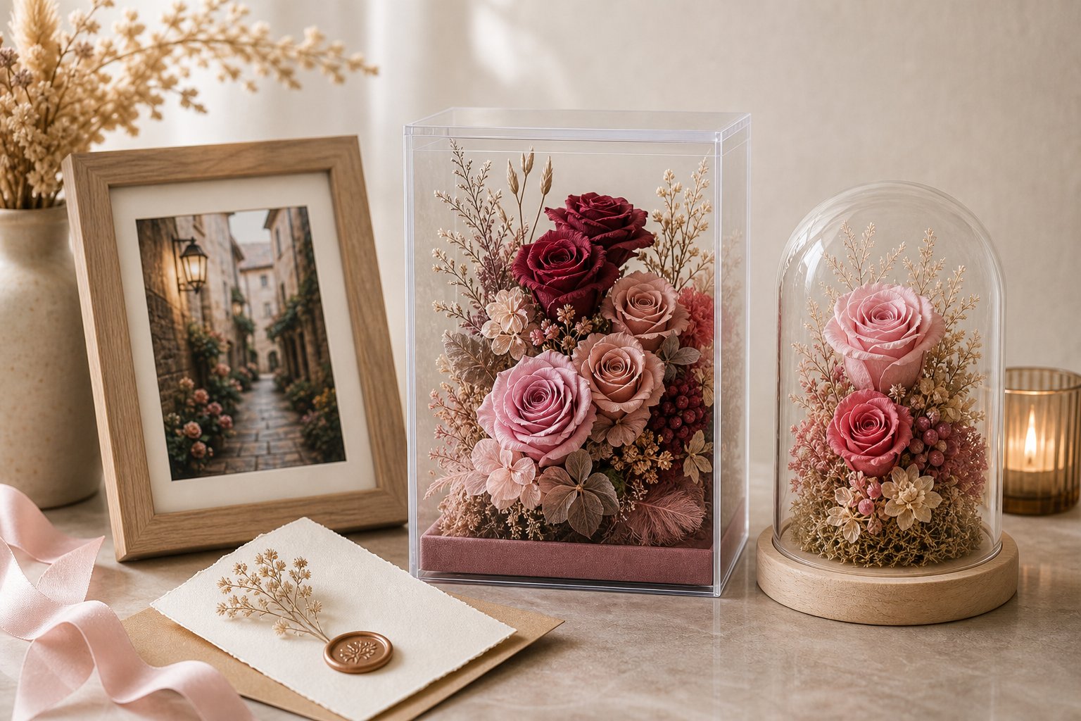 Preserved flower keepsake gifts displayed in acrylic and dome formats in a calm interior