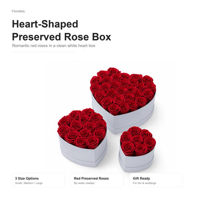 Heart-shaped preserved rose box with red roses in three sizes