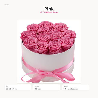 Pink preserved rose hug bucket with 12 preserved roses