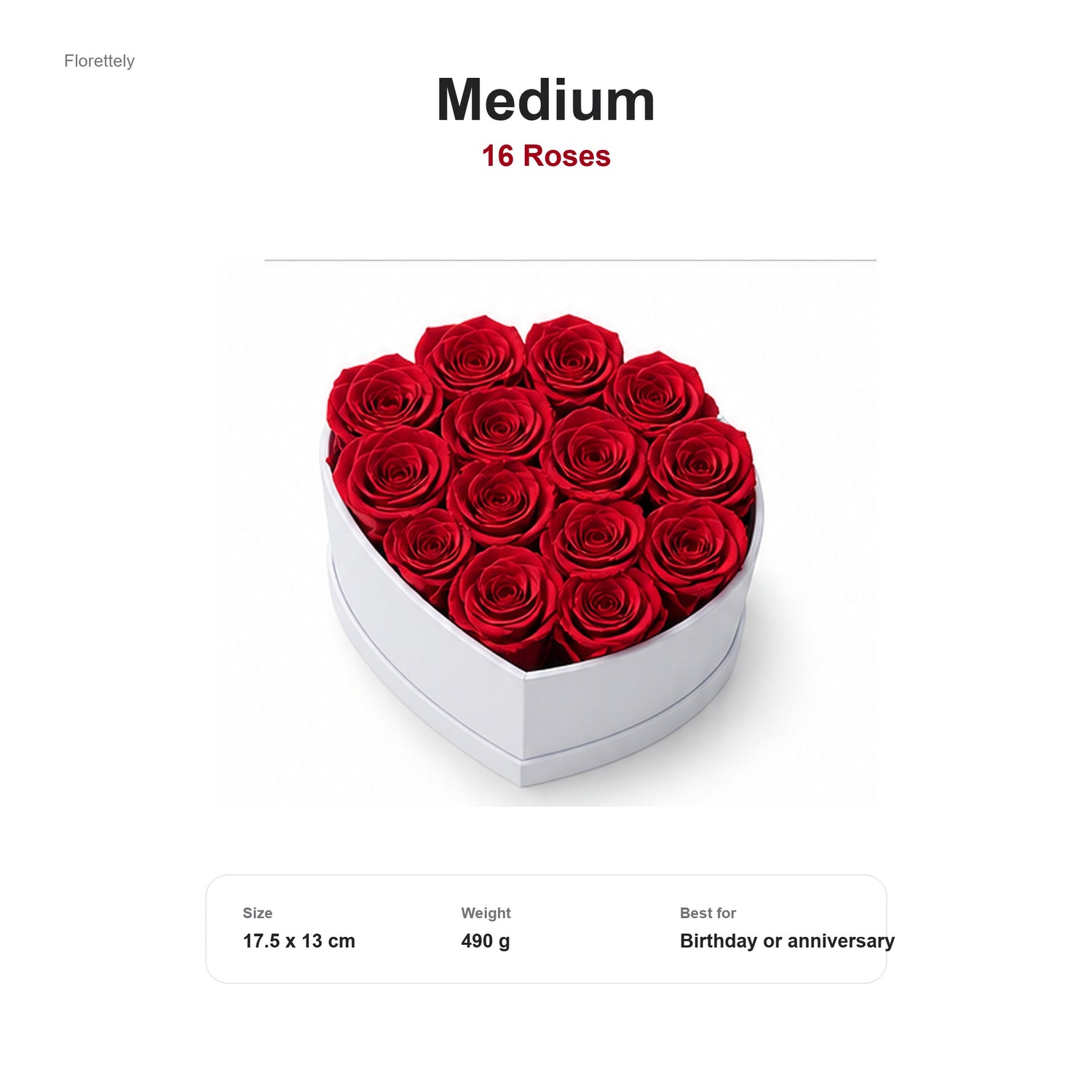 Medium heart-shaped preserved rose box with 16 red roses