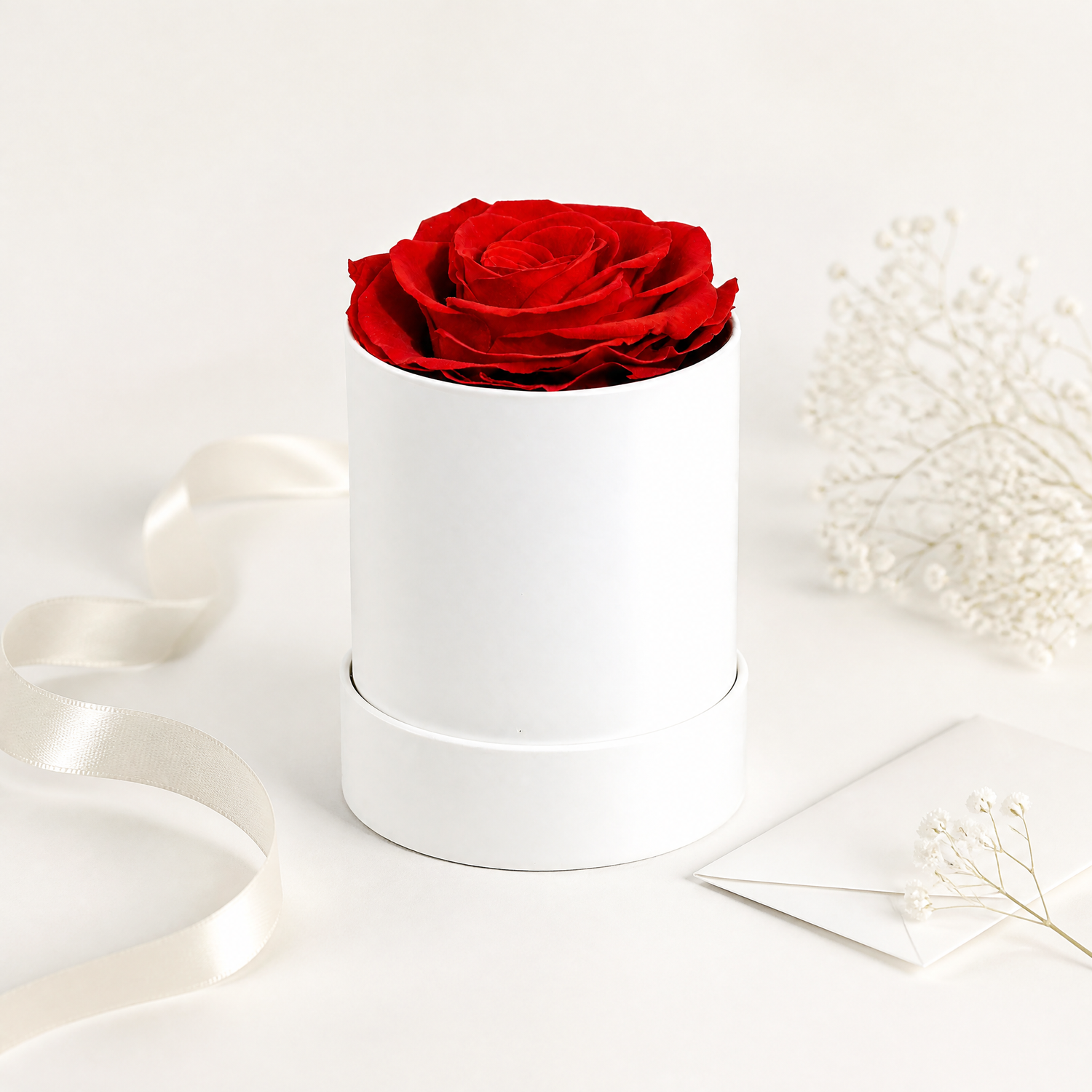 Single preserved rose gift box with ribbon and floral styling