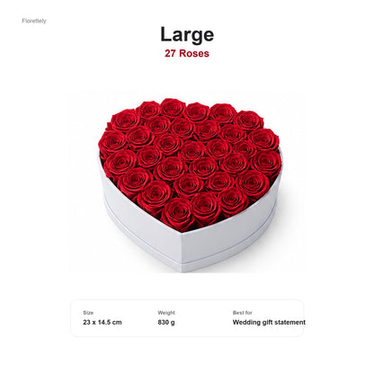 Large heart-shaped preserved rose box with 27 red roses