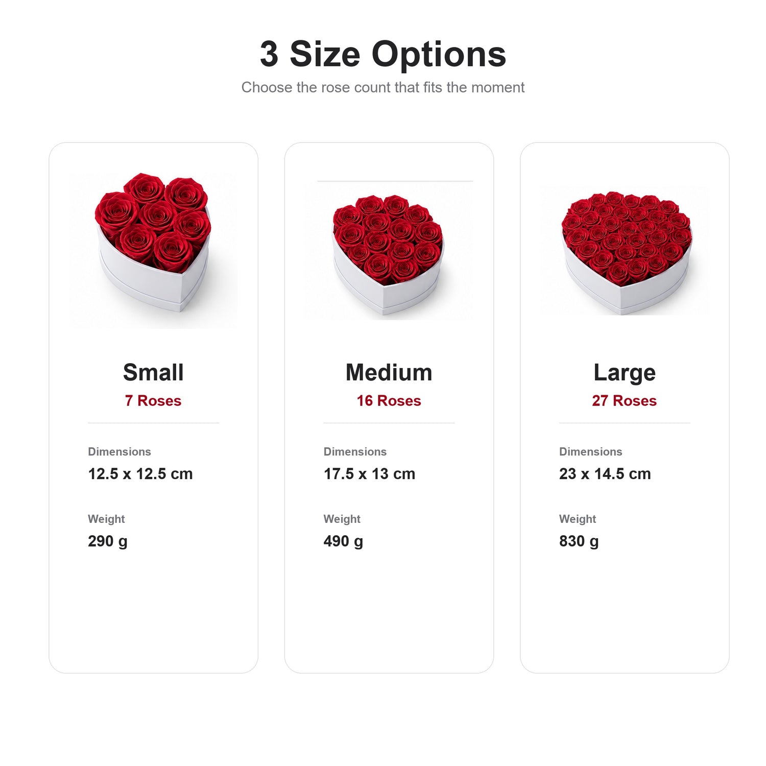 Three size options for heart-shaped preserved rose box