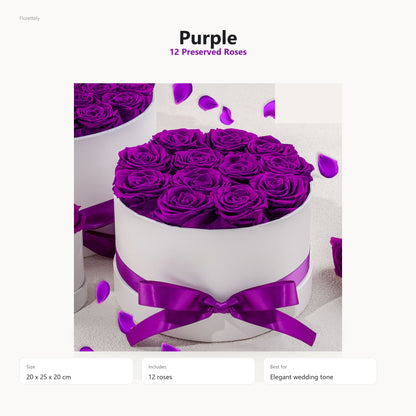 Purple preserved rose hug bucket with 12 preserved roses