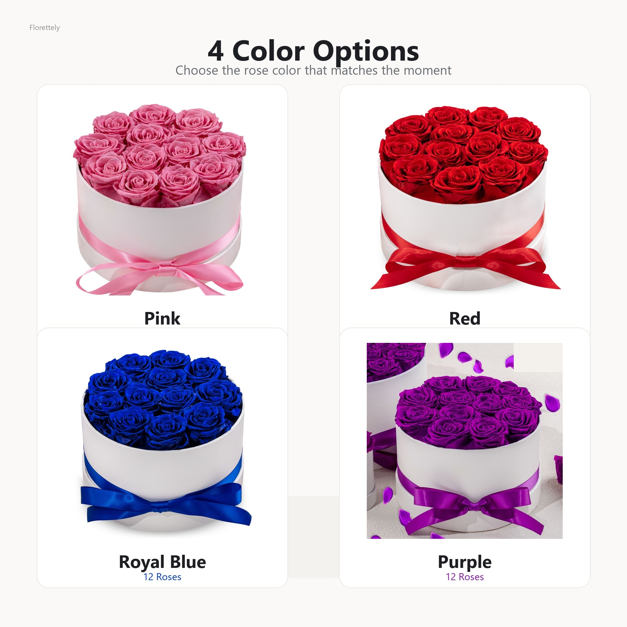 Four color options for preserved rose hug bucket