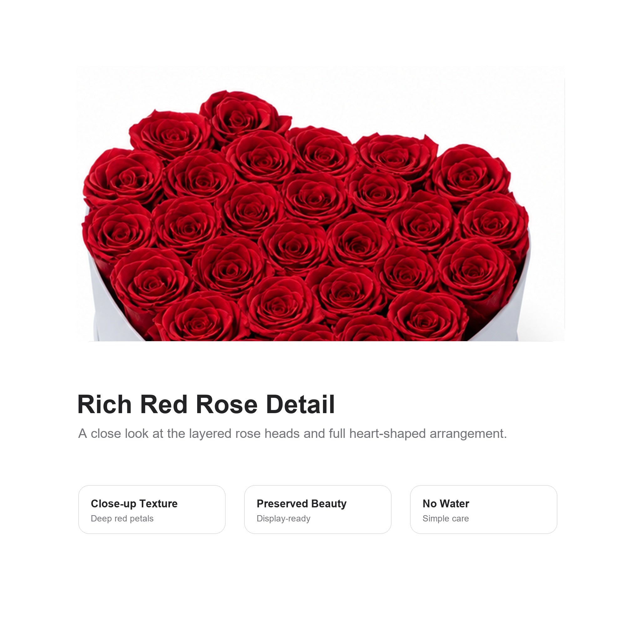 Close-up detail of red preserved roses in heart-shaped box