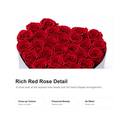 Close-up detail of red preserved roses in heart-shaped box