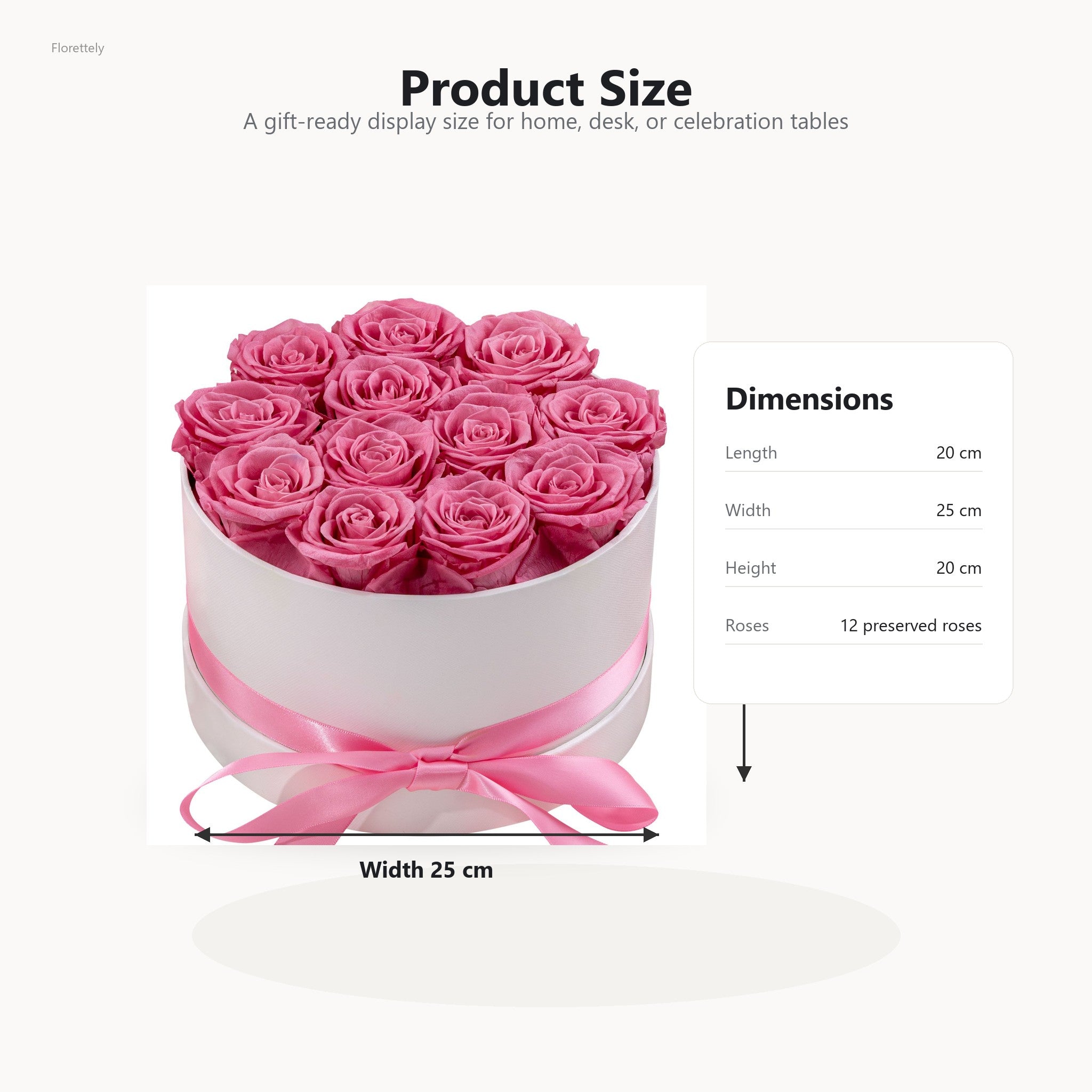 Size guide for preserved rose hug bucket 20 by 25 by 20 cm