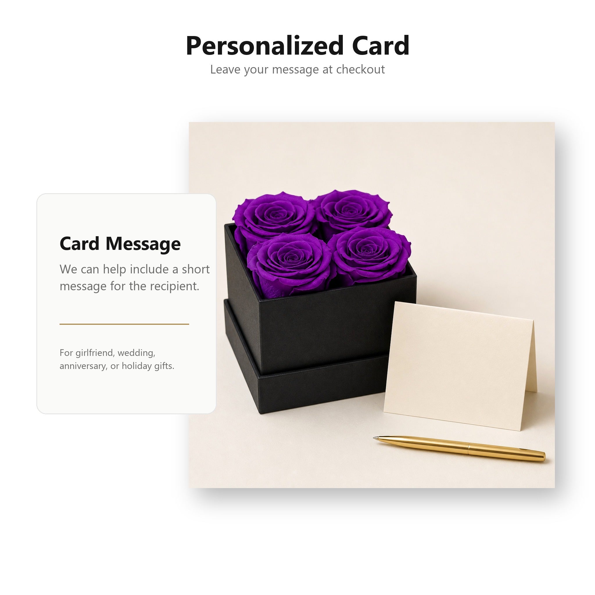 Personalized card message service for preserved rose gift box