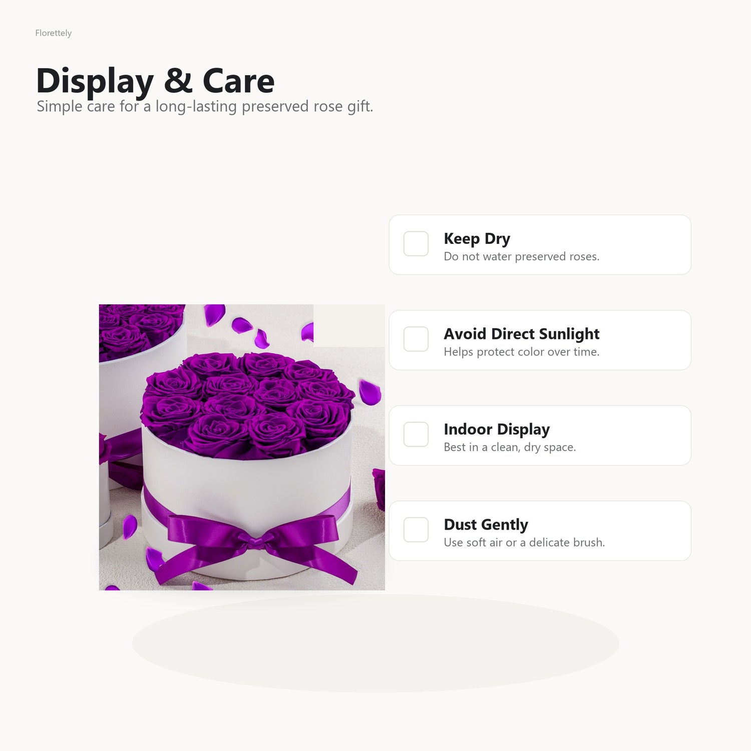 Care guide for preserved rose hug bucket