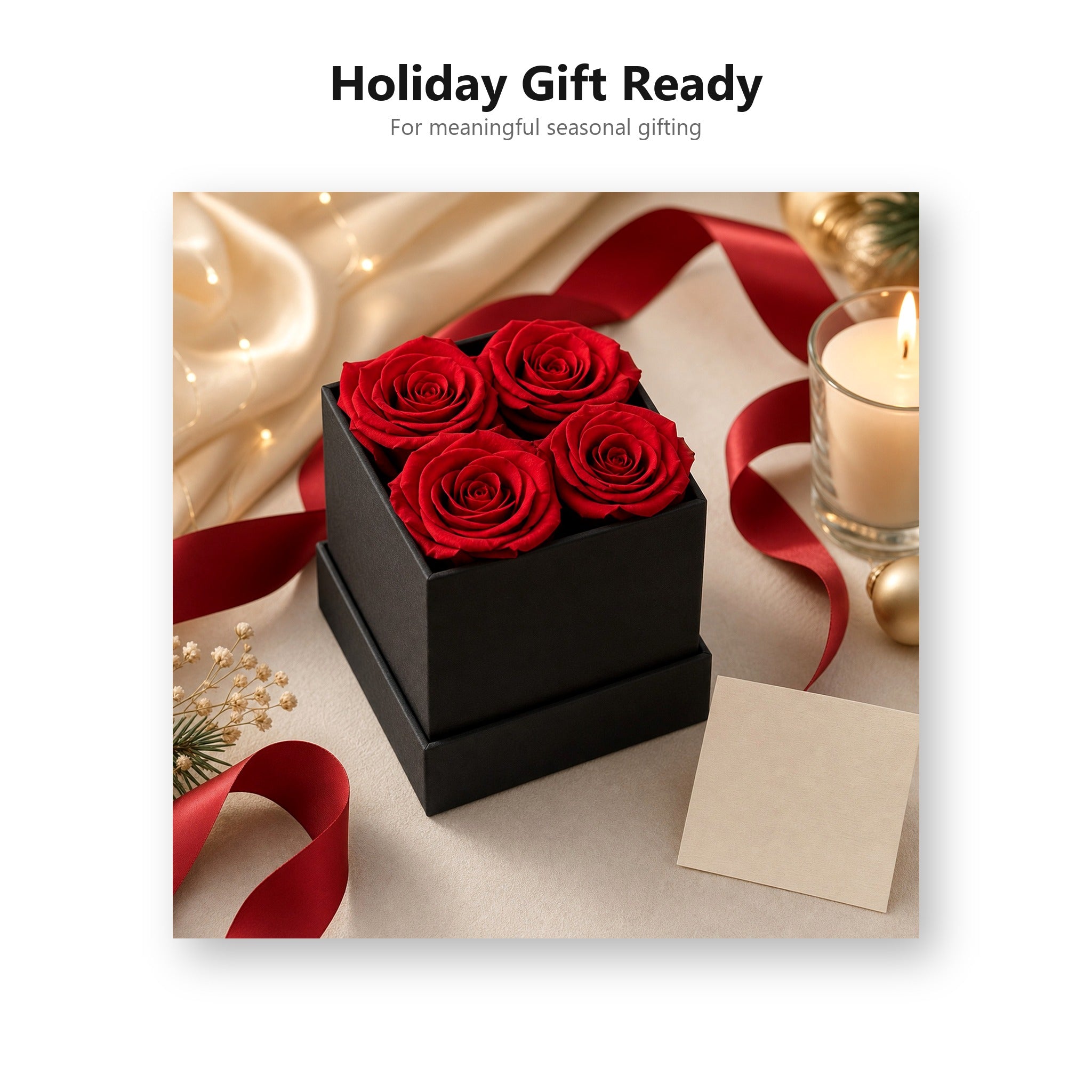 Holiday gift ready preserved rose box with four red roses