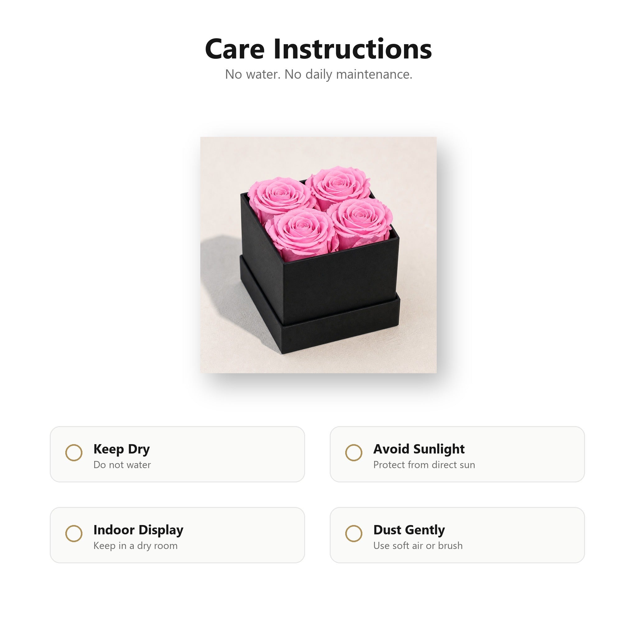 Care instructions for preserved rose gift box