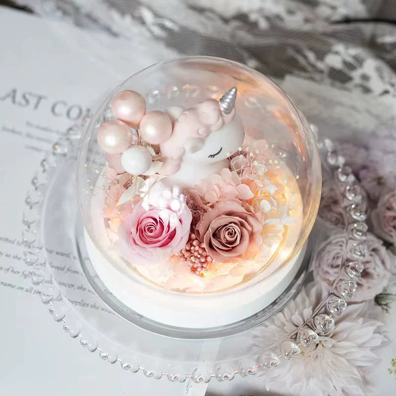 Handmade preserved flower unicorn flower globe by Florettely