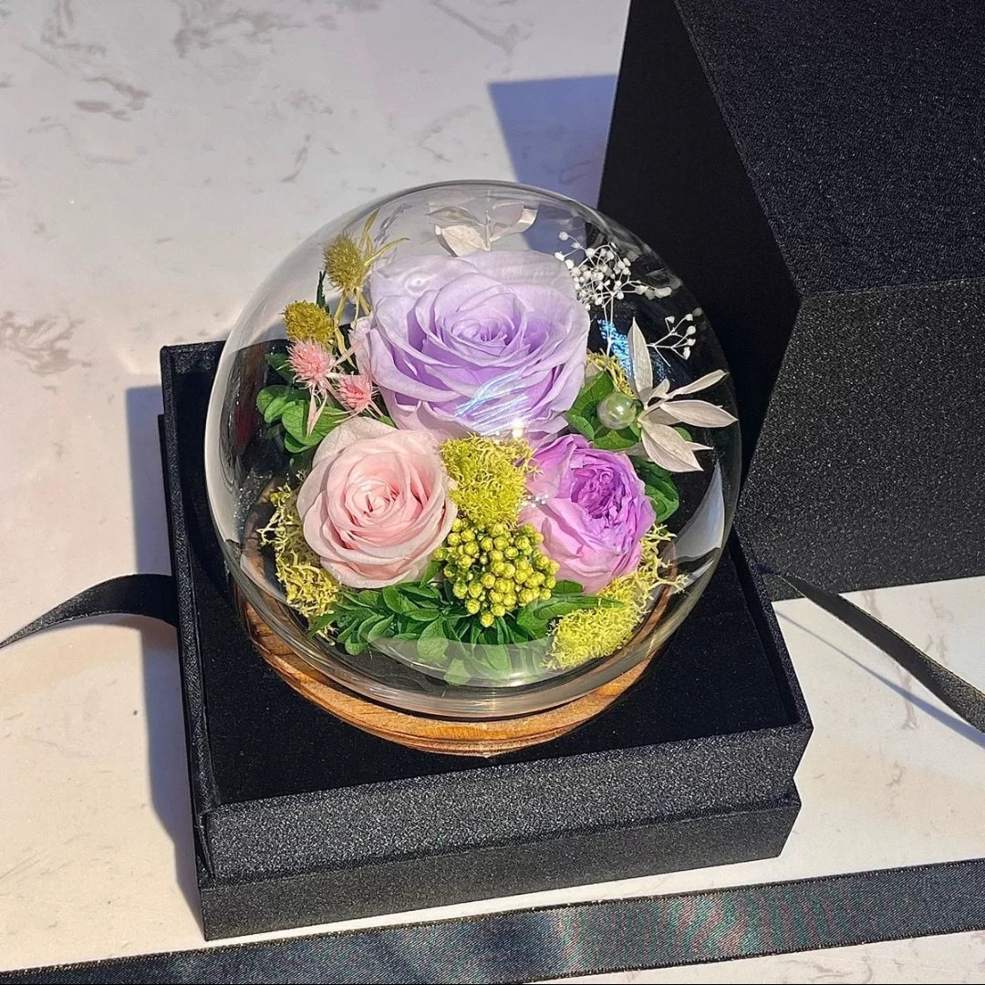 Handmade preserved flower glass dome gift by Florettely
