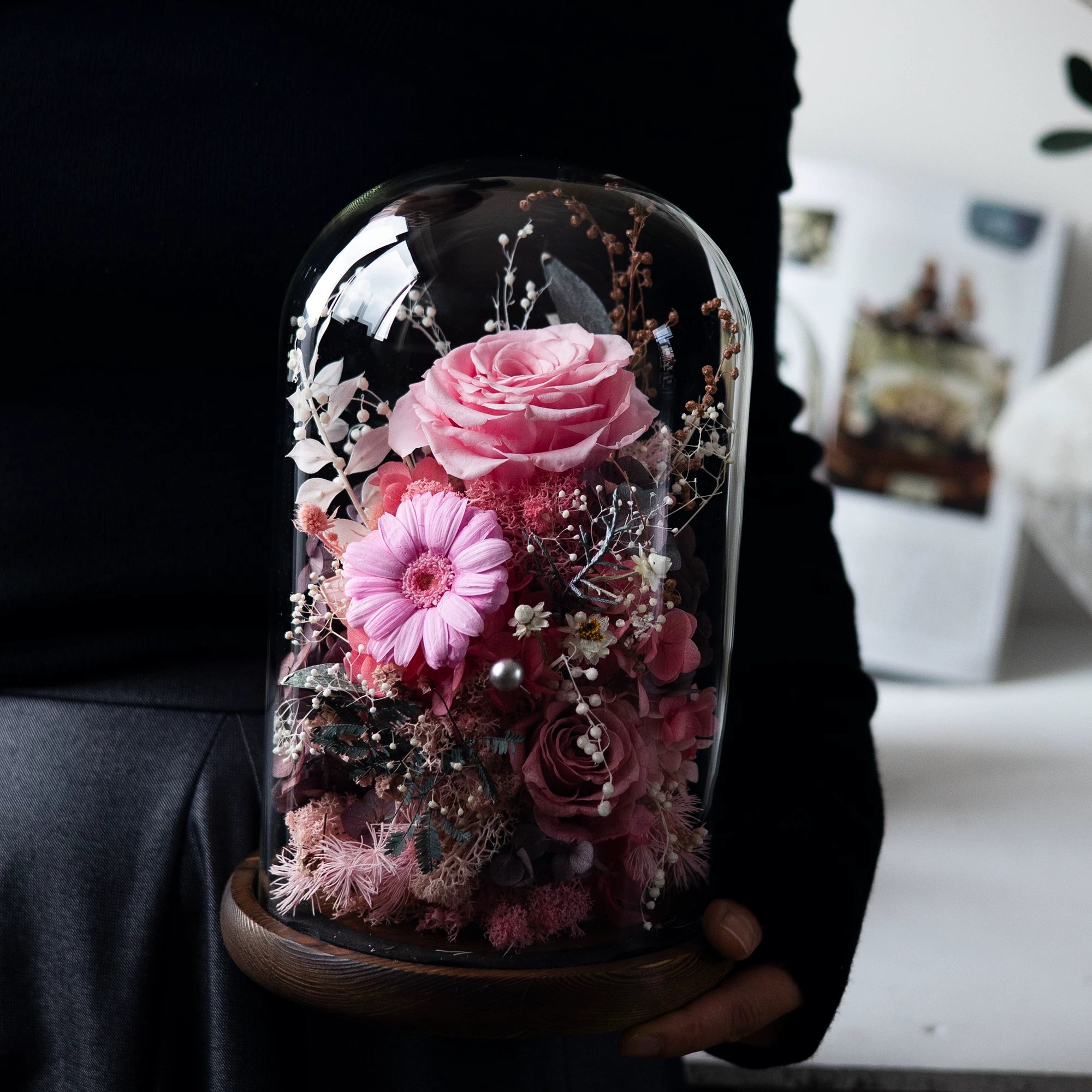 Handmade preserved flower glass dome gift by Florettely