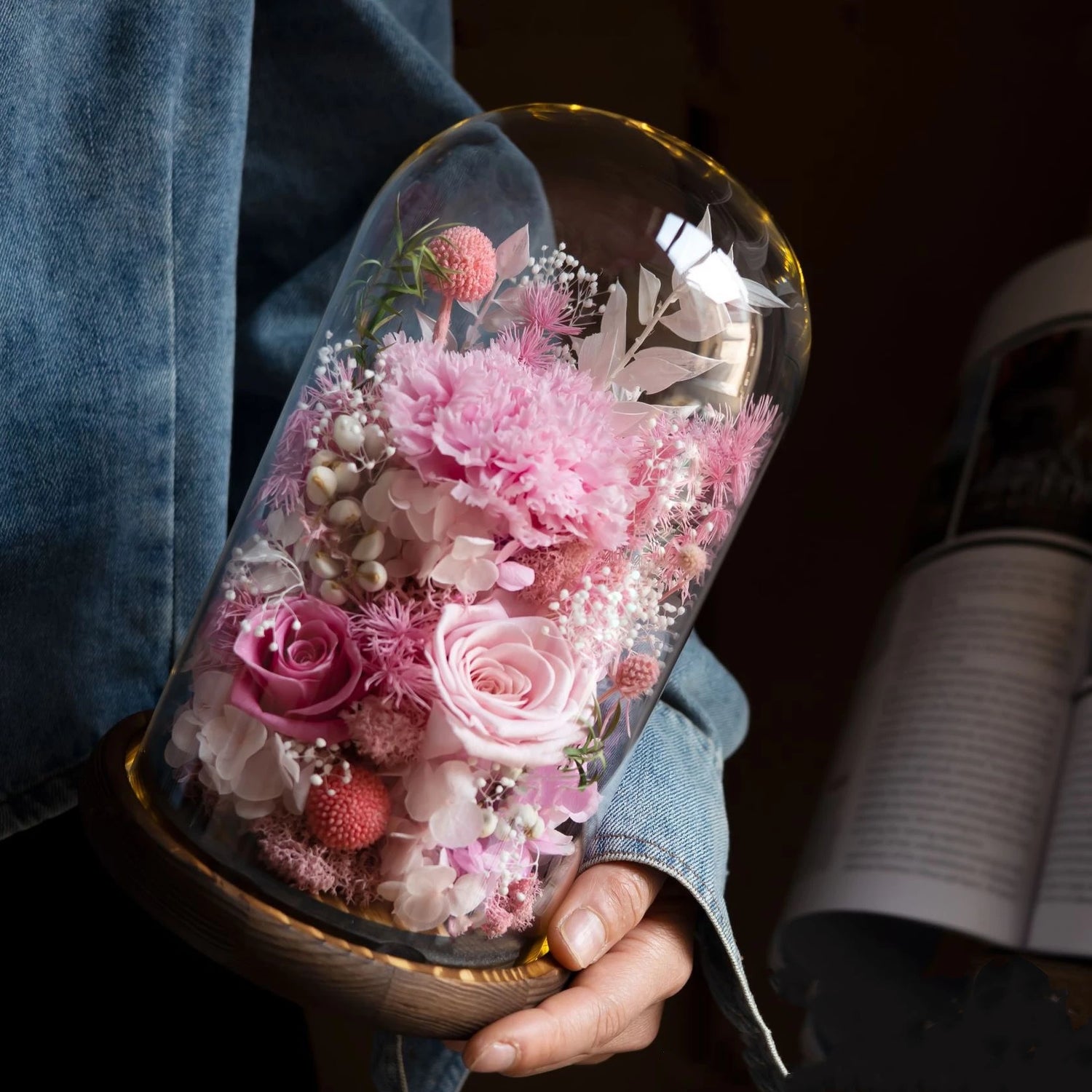 Handmade preserved flower glass dome gift by Florettely