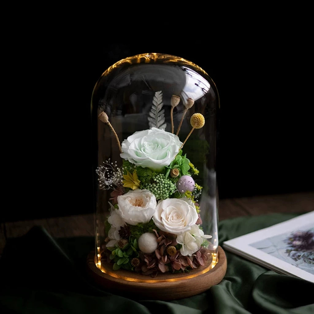 Handmade preserved flower glass dome gift by Florettely