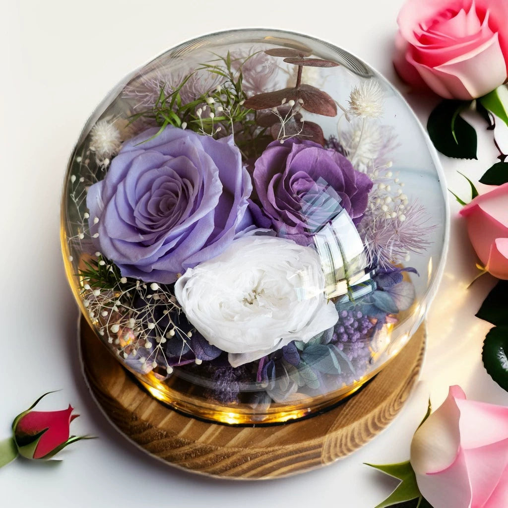 Handmade preserved flower glass dome gift by Florettely