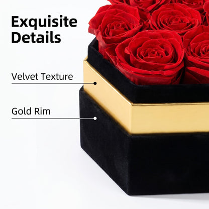 Close-up detail of preserved roses with velvet texture and gold rim gift box