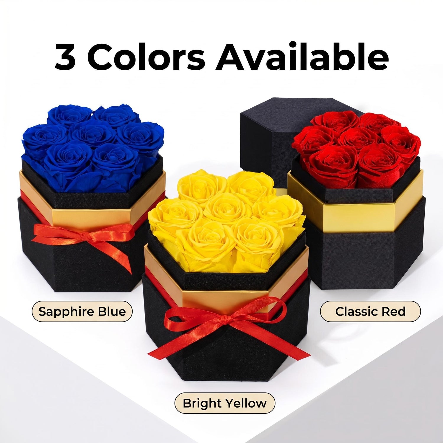 Classic red sapphire blue and bright yellow preserved rose gift box color options