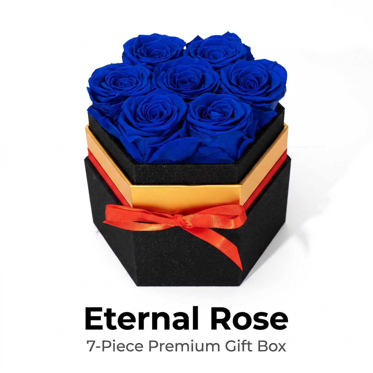 Sapphire blue preserved rose hexagon gift box with 7 eternal roses