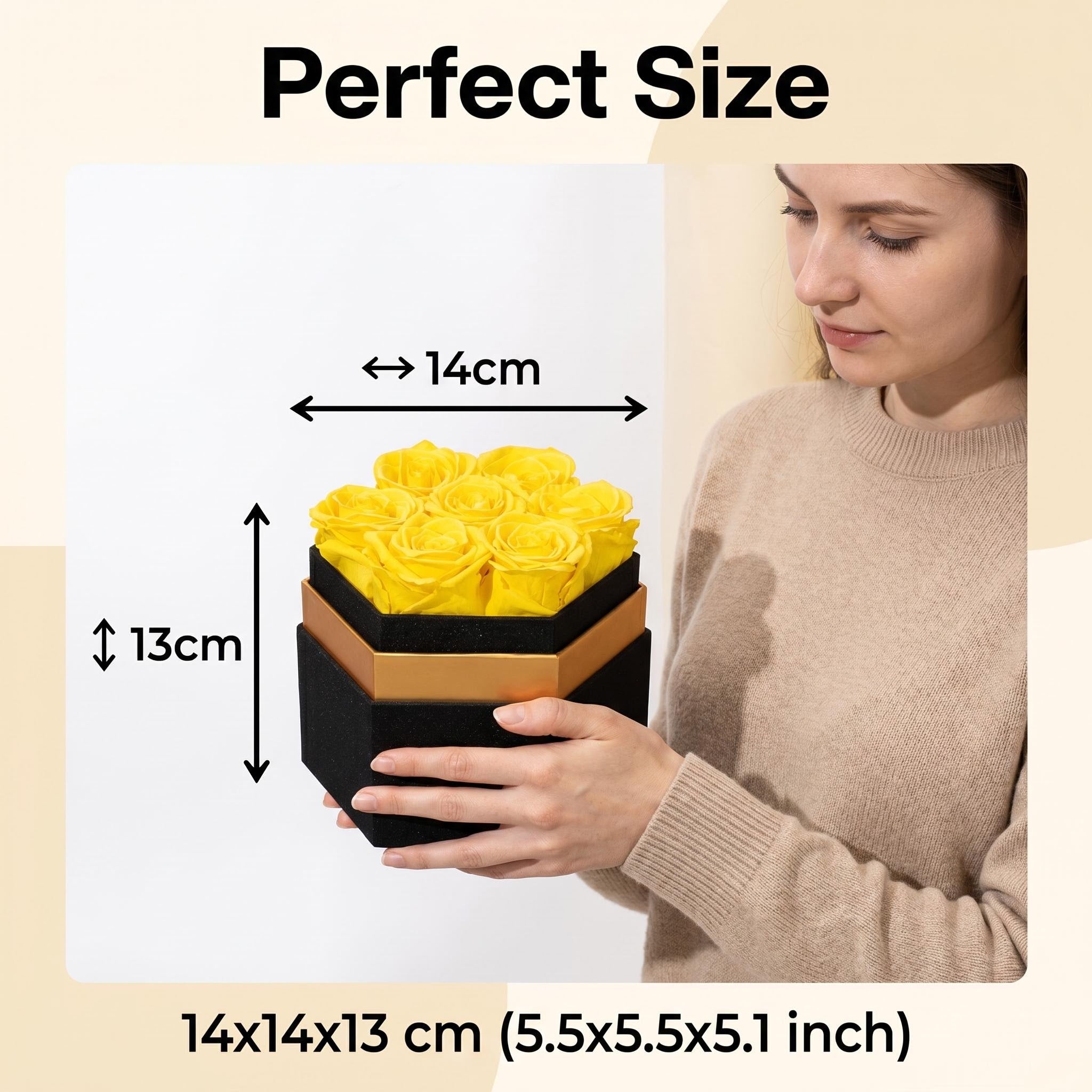 7-rose preserved flower hexagon gift box size guide 14x14x13 cm