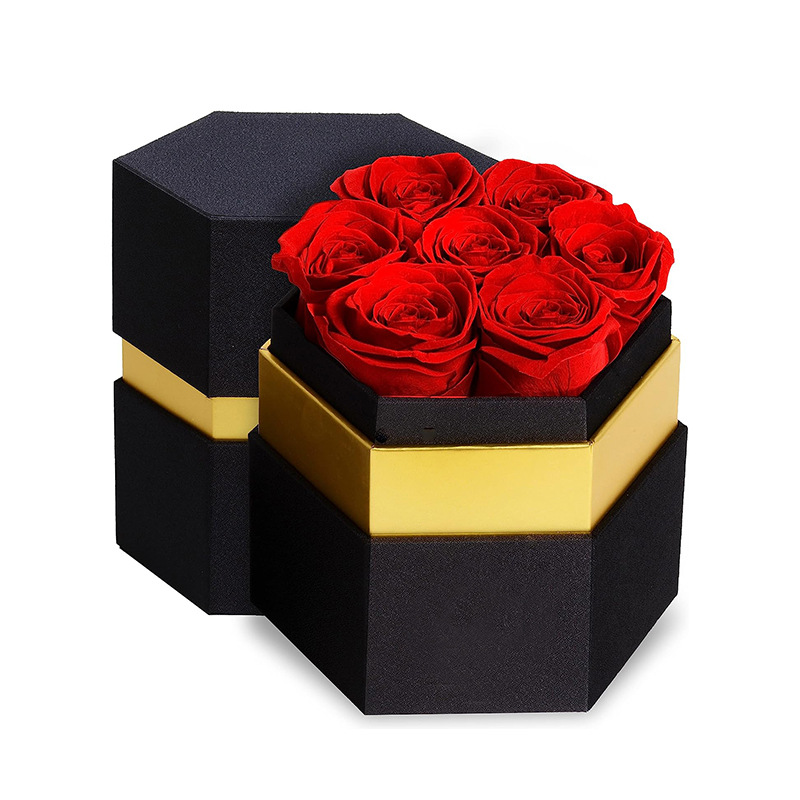 Classic red preserved rose hexagon gift box with lid and gold trim